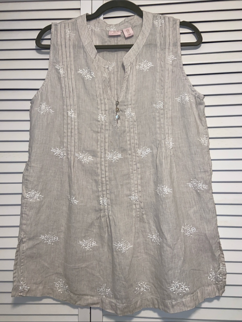 Cottagecore St Tropez Tan/White Linen Floral Embroidery Sleeveless Top Womans M